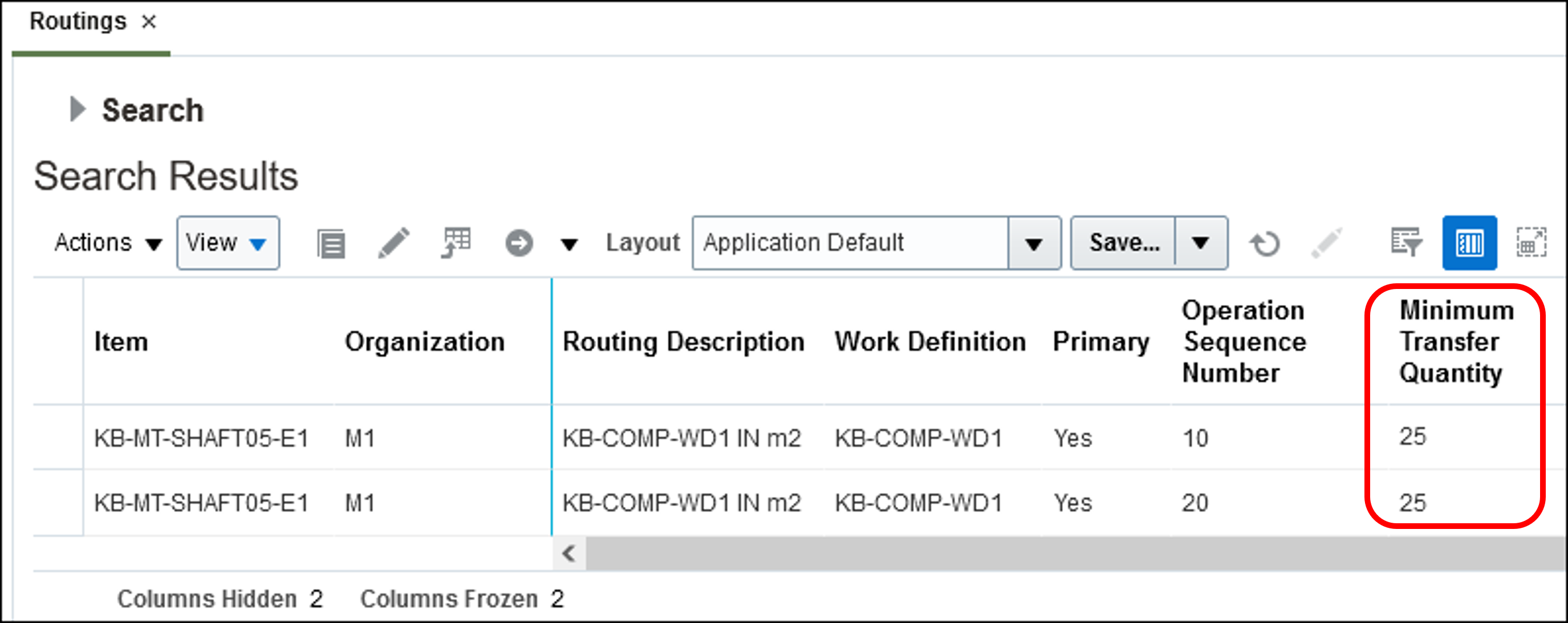 Routings Table with Minimum Transfer Quantity Column