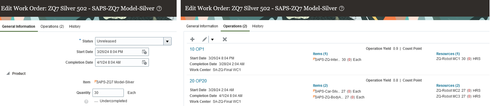 Work Order with Operation Yield.