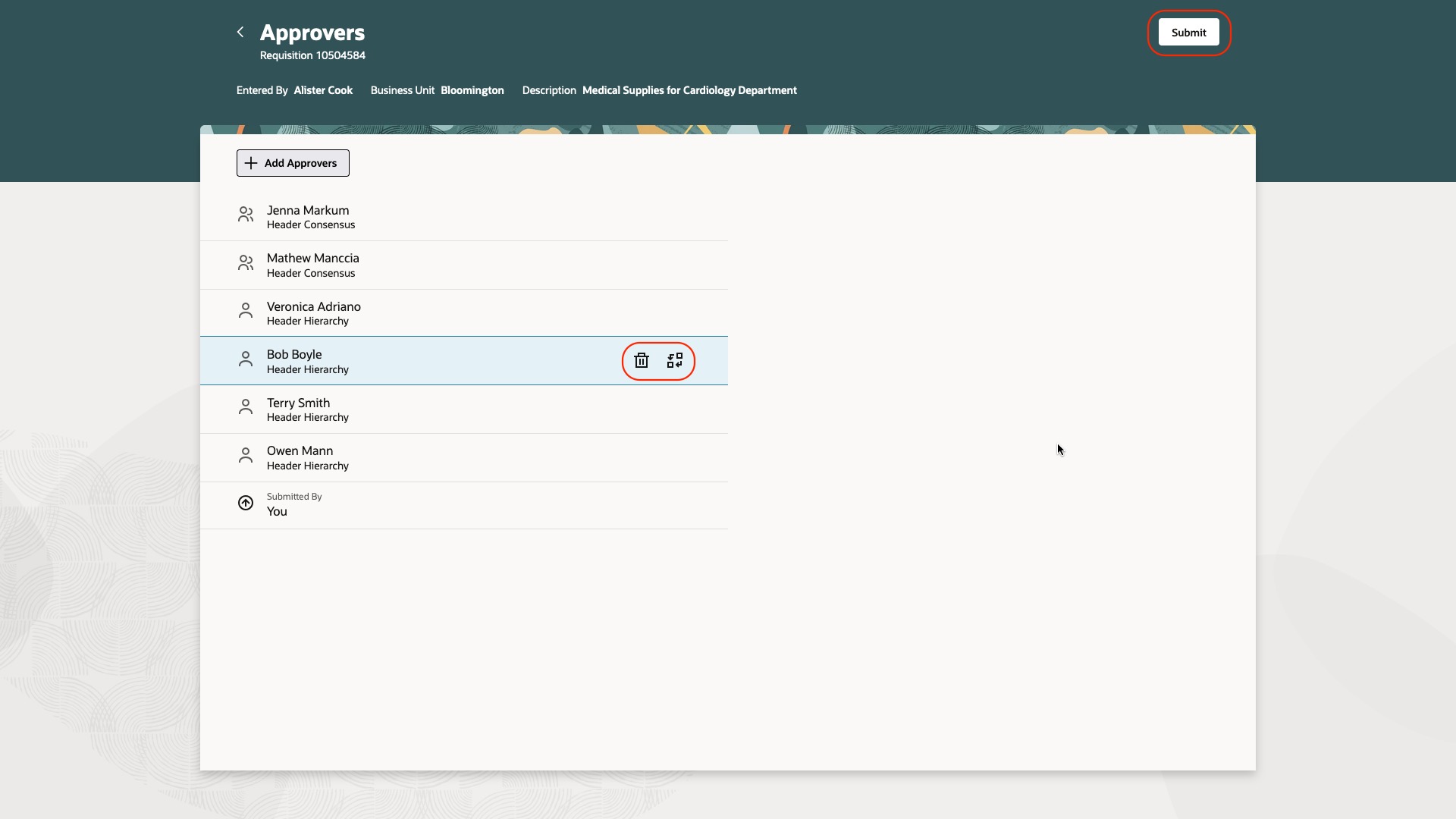 Options to Modify Approver and Submit Requisition