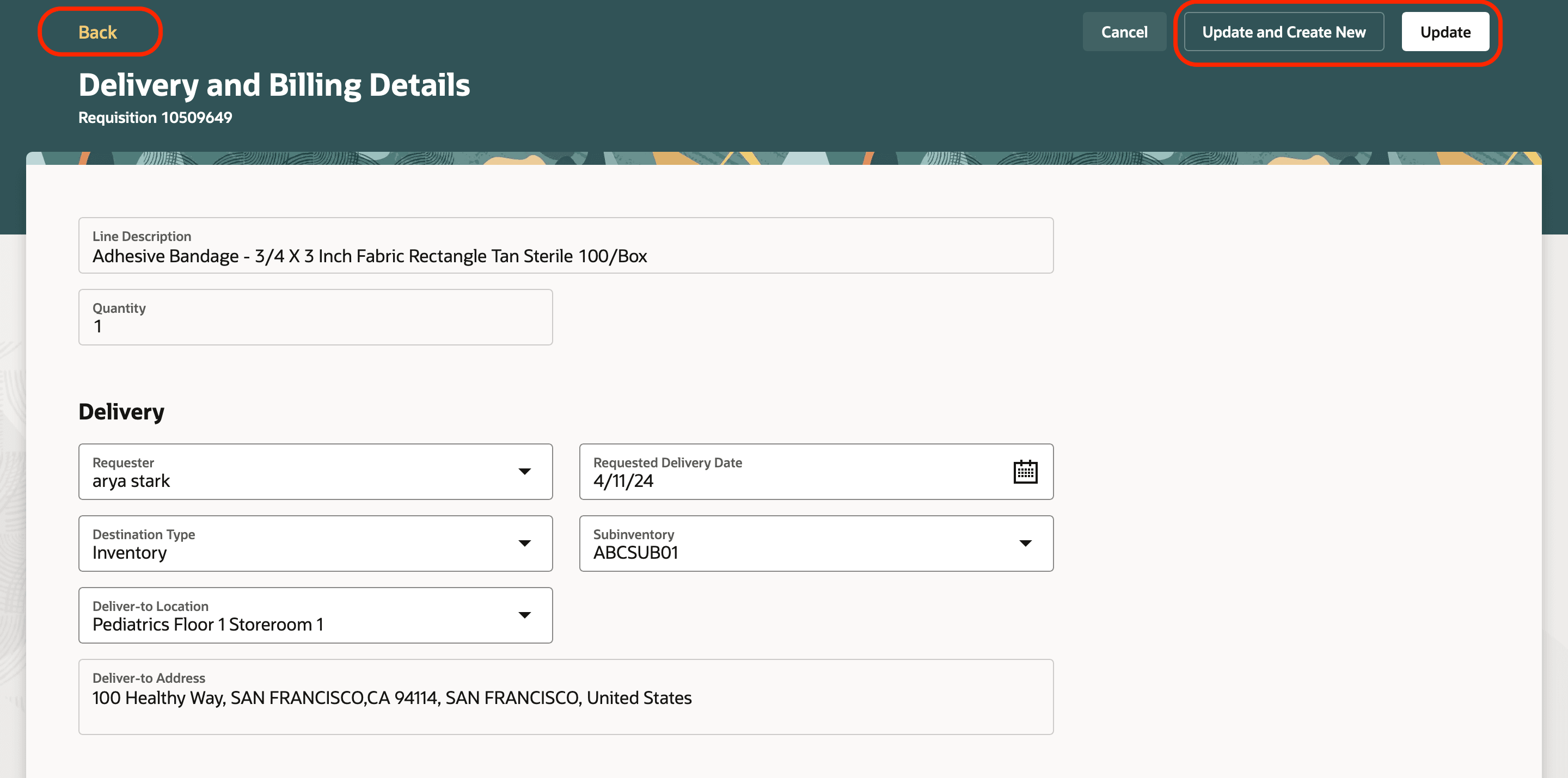 Delivery and Billing Details for the Created Line