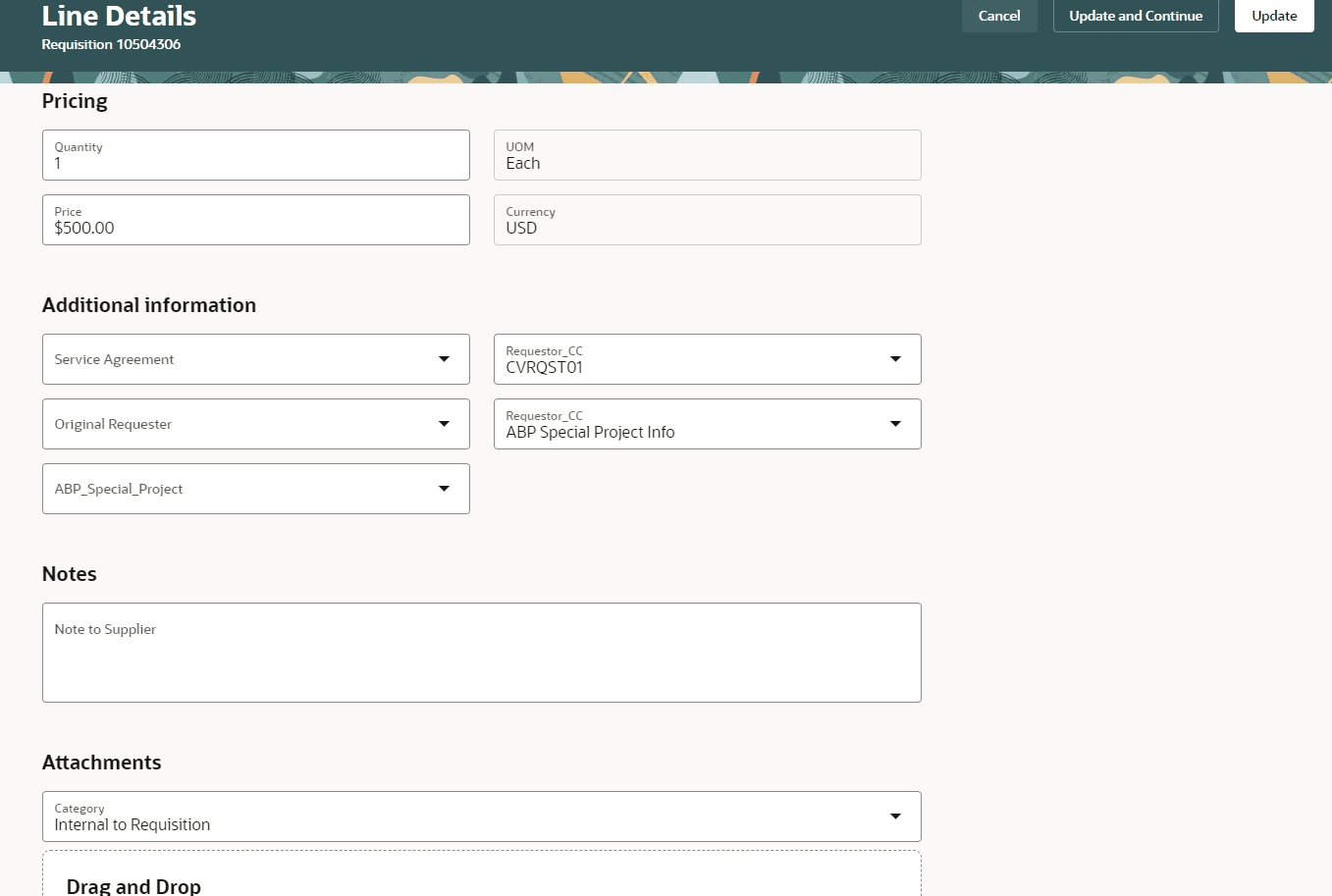 Pricing, Additional information, Notes and Attachments on the Line details