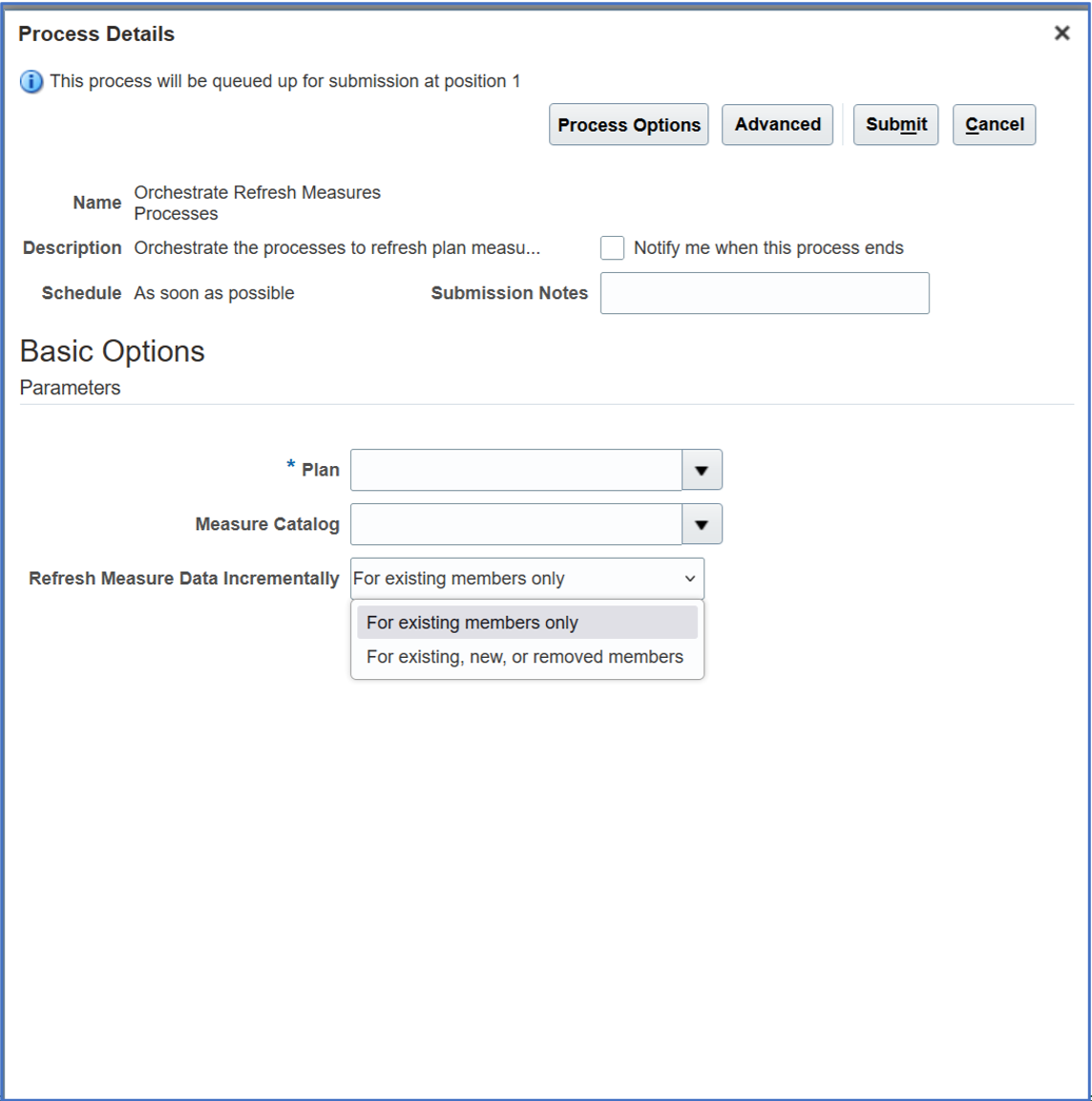 Process Details Dialog Box for Scheduled Process Named Orchestrate Refresh Measures Processes