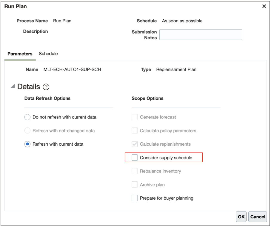 Parameters Tab in Run Plan Dialog Box