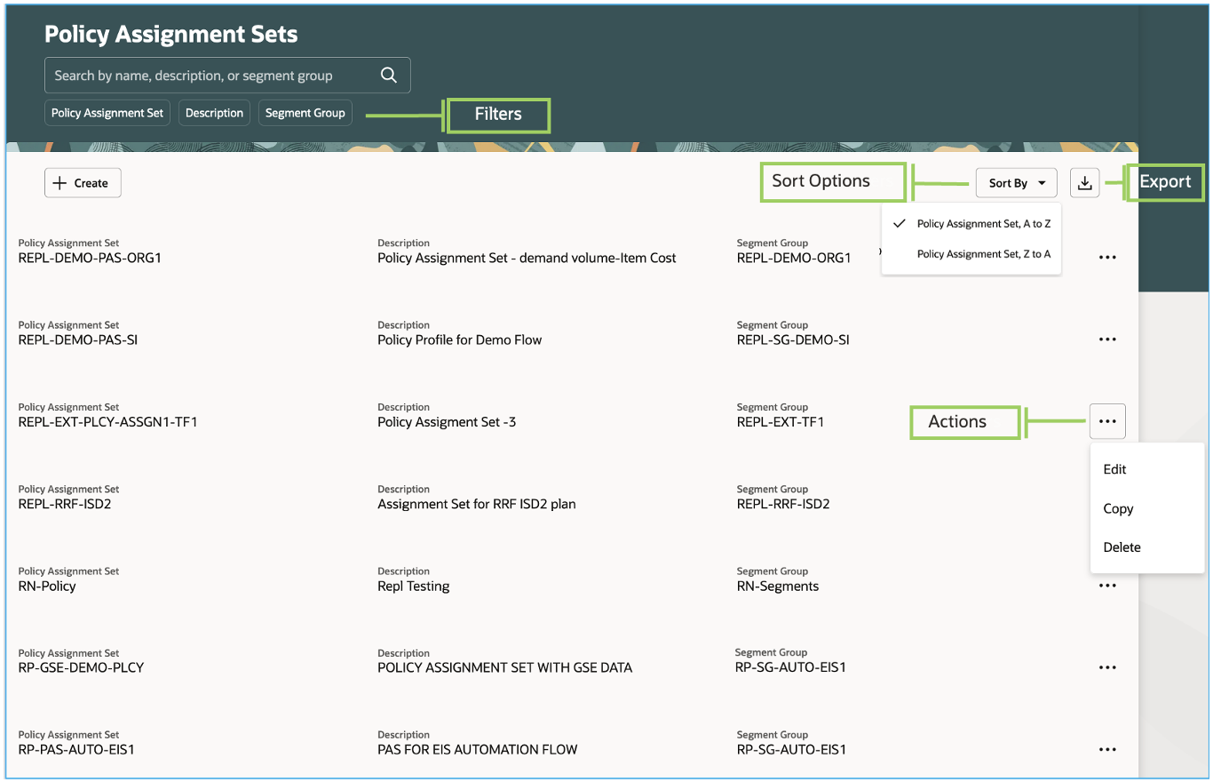 Policy Assignment Sets Page