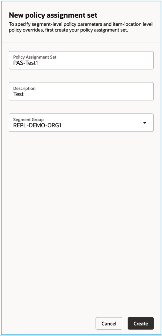 Create New Policy Assignment Set Drawer on Policy Assignment Sets Page