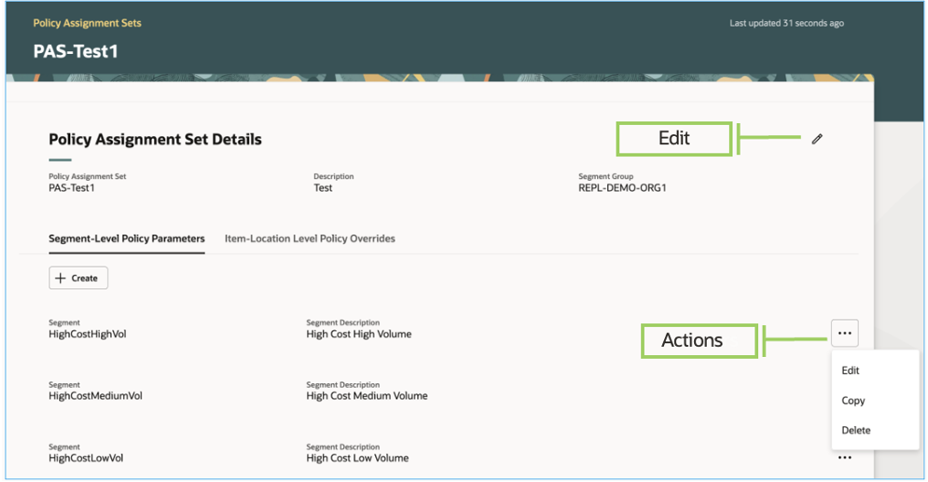 Actions on Page for Policy Assignment Set