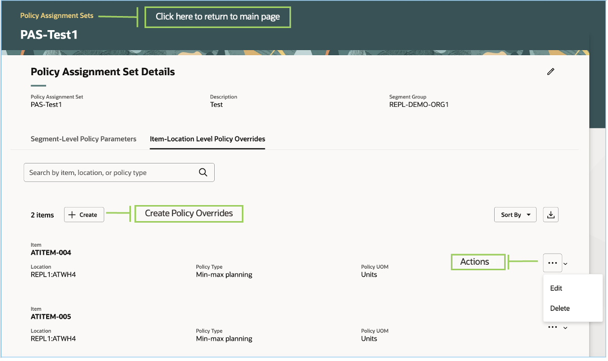 Item-Location Level Policy Overrides Tab on Page for Policy Assignment Set