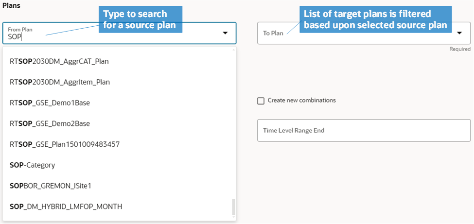 Search for From Plan and To Plan
