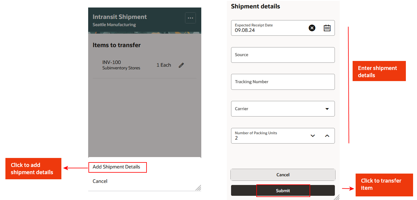 Add Shipment details and Transfer Item