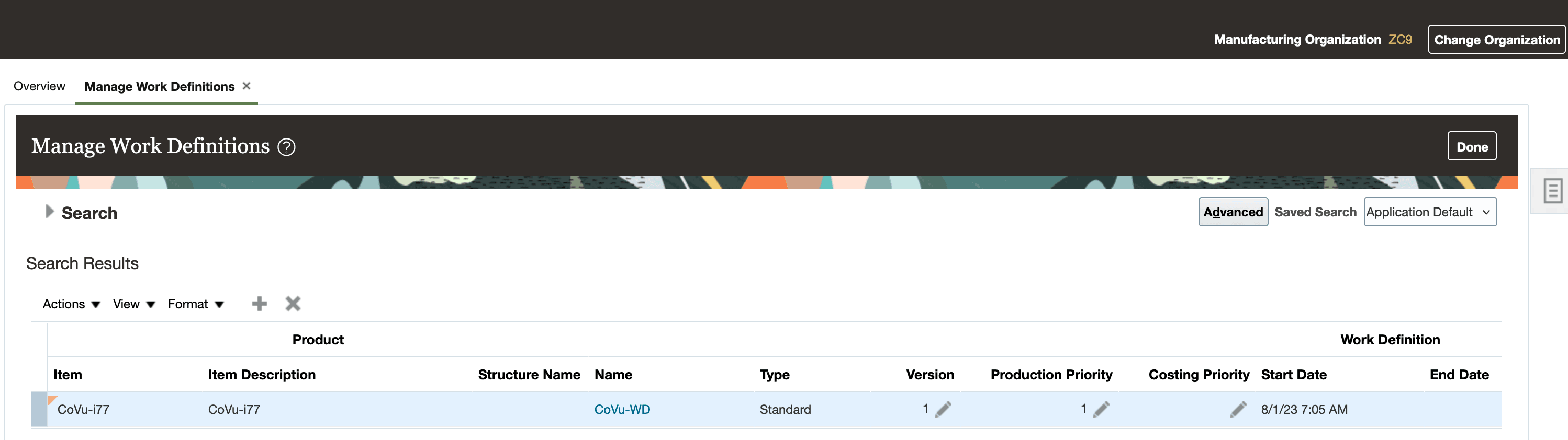 Manufacturing Work Definition in ZC9 Organization