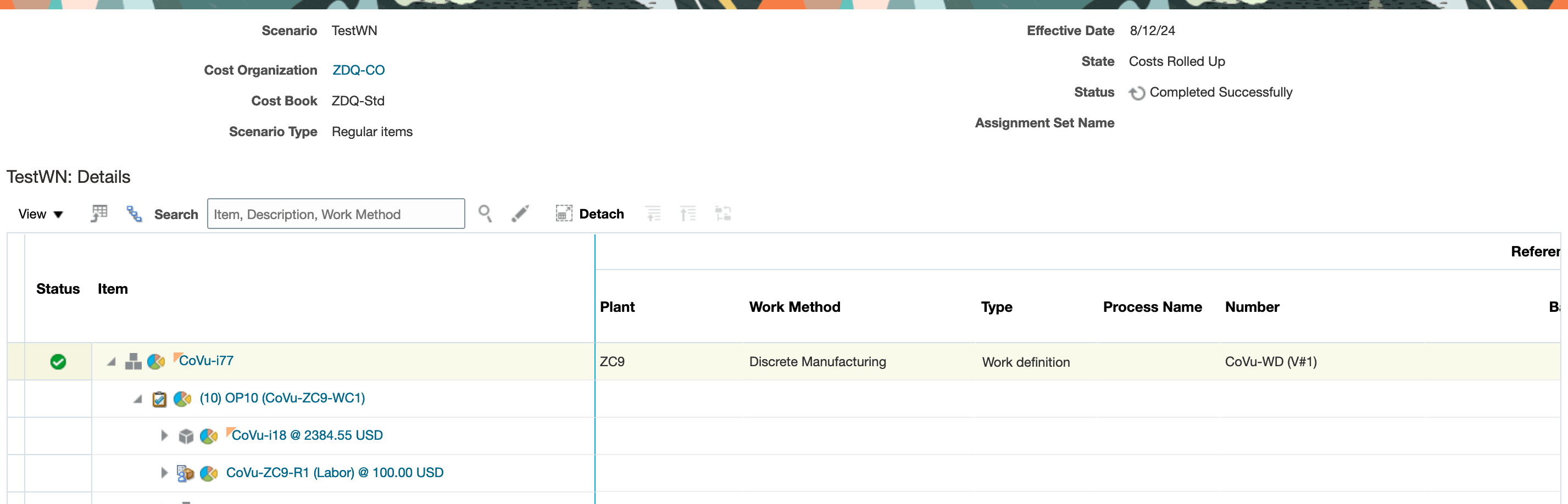 Product Cost with Work Definition from ZC9 organization