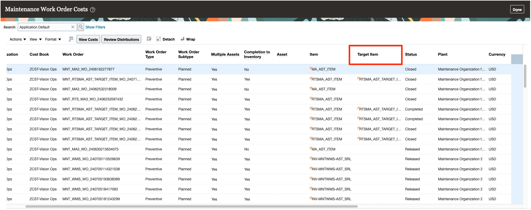 Maintenance work order costs landing page shows target item column