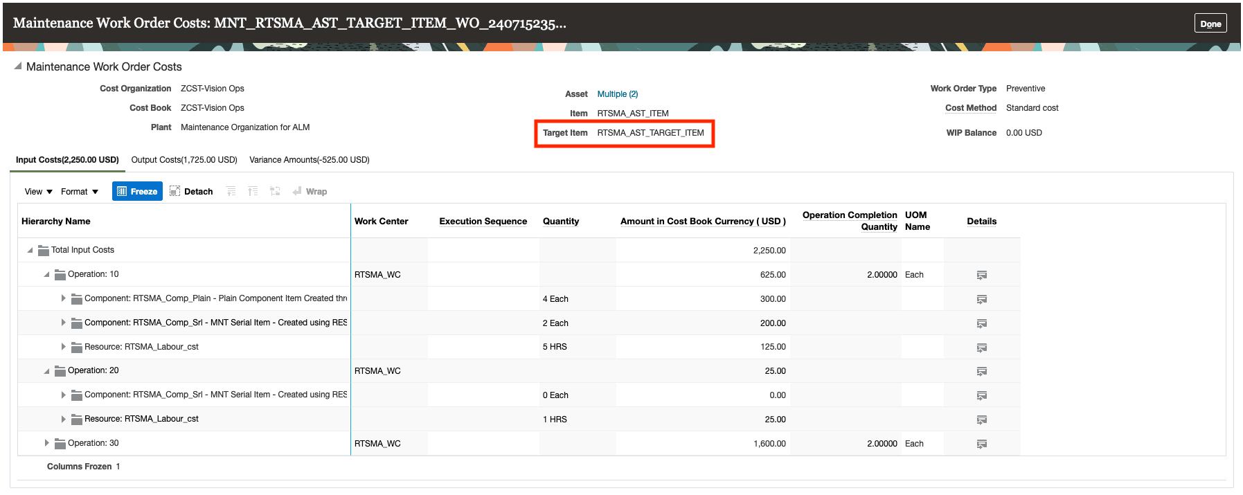 Maintenance work order cost details for work orders with completion to inventory