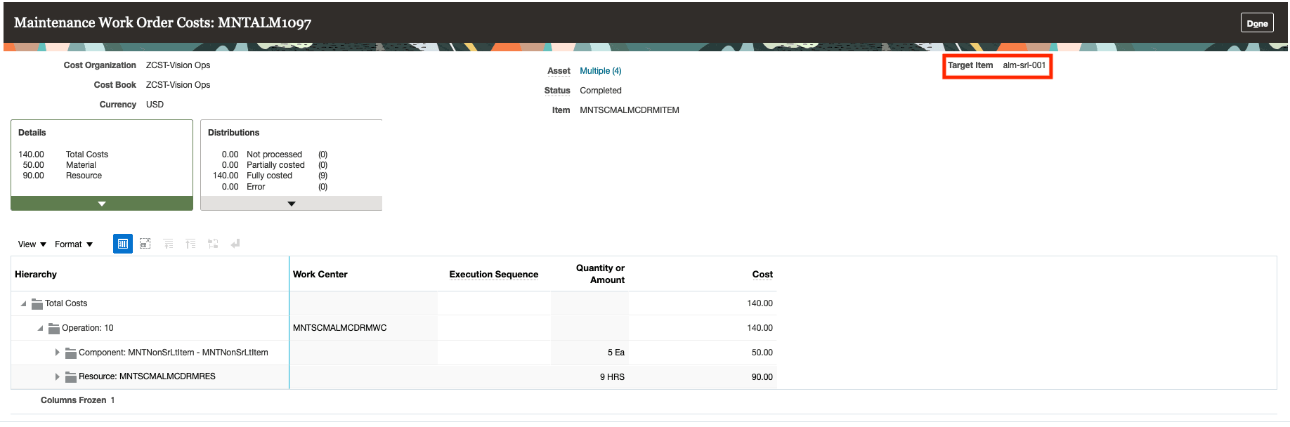 Maintenance work order cost details for work orders that do not have completion to inventory