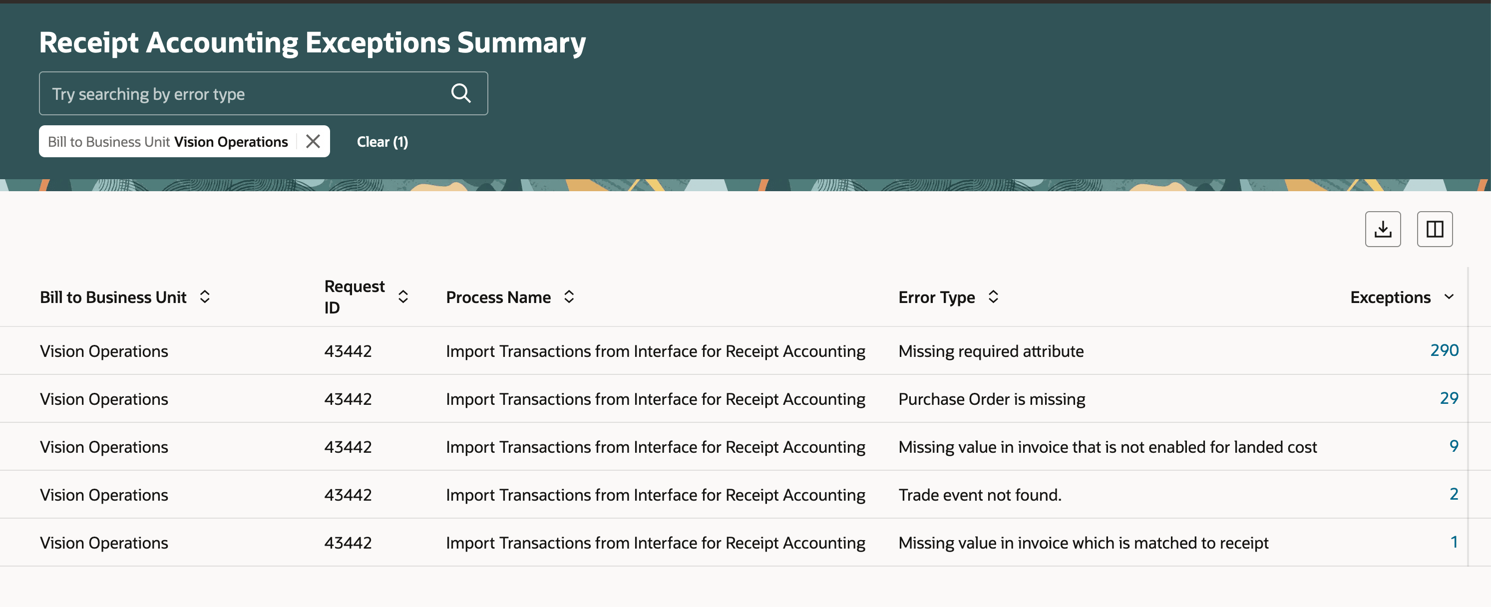 Receipt Accounting Exceptions Summary - Search By Business Unit