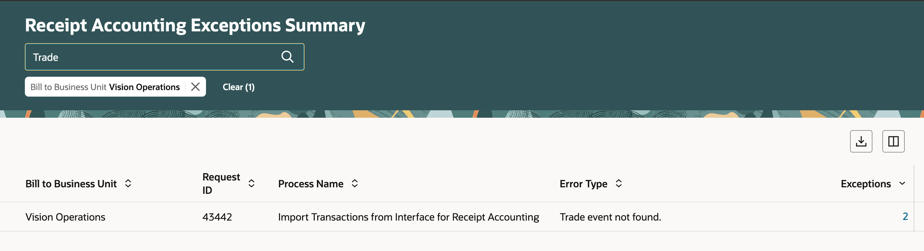 Receipt Accounting Exceptions Summary - Search By Keyword