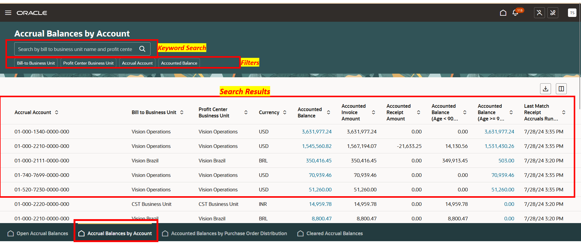 Accrual Balances by Account page