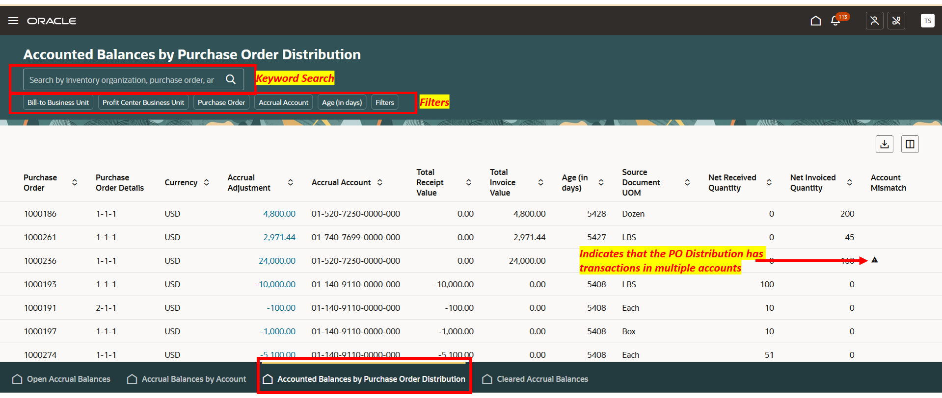 Accrual Balances by Purchase Order Distribution page