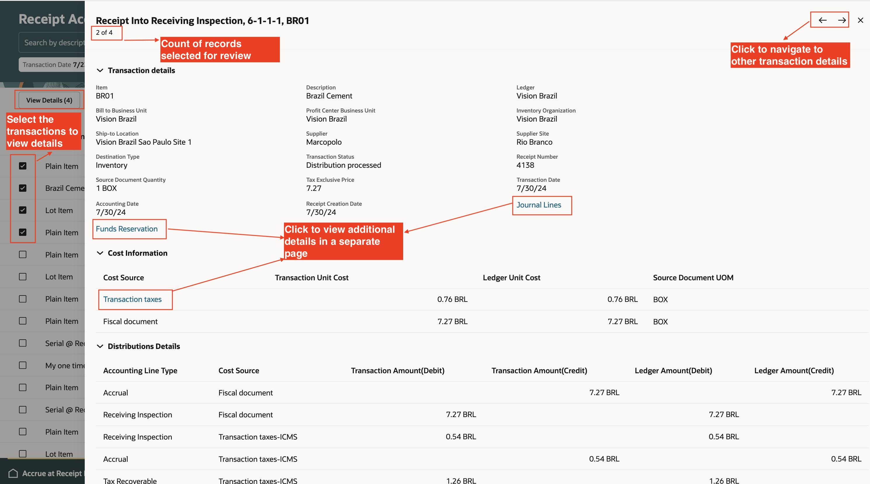 Screenshot displaying Receipt Accounting Transaction Details