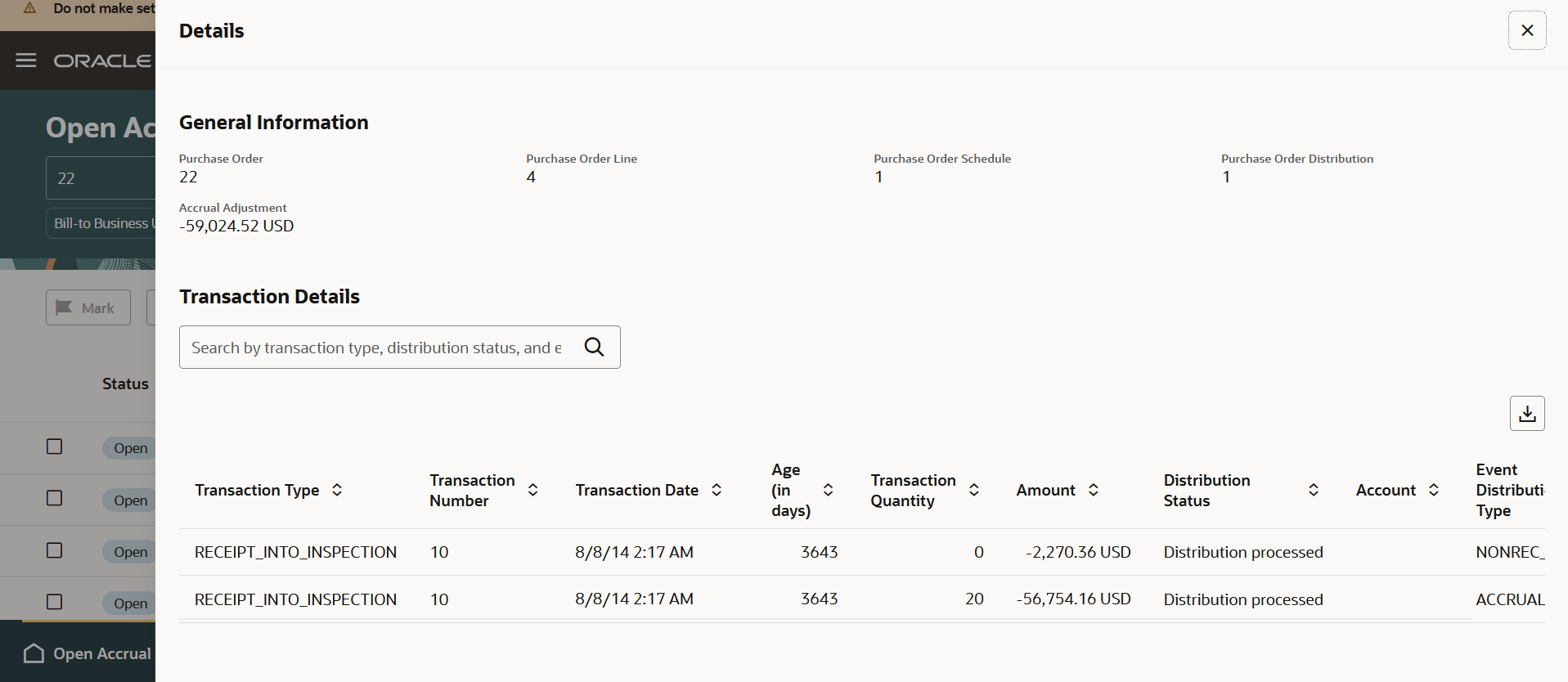 Transaction details of Open Accrual Balances page