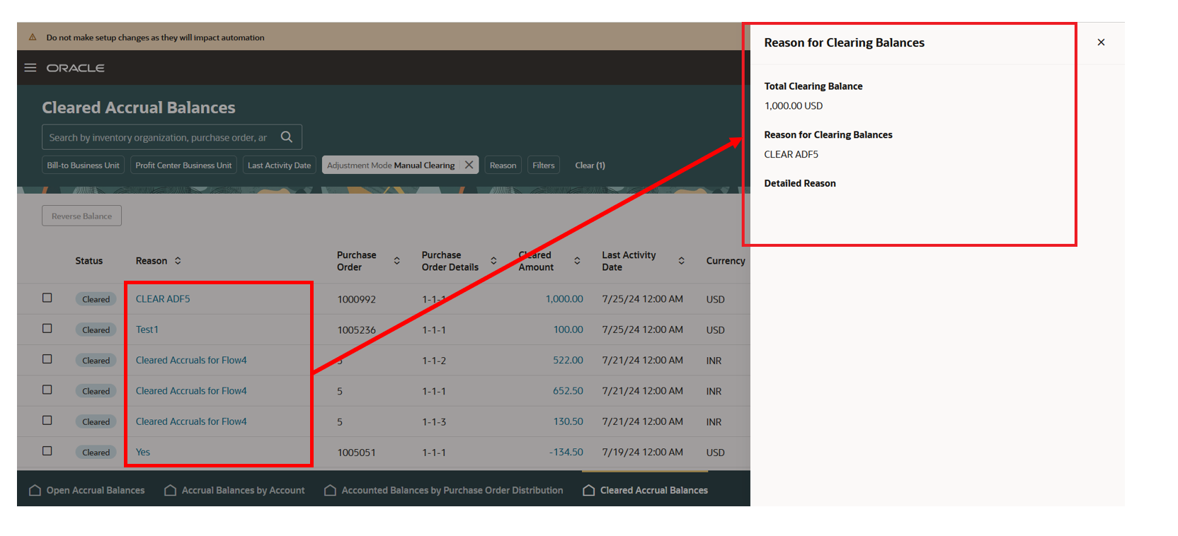 Accrual clearing details