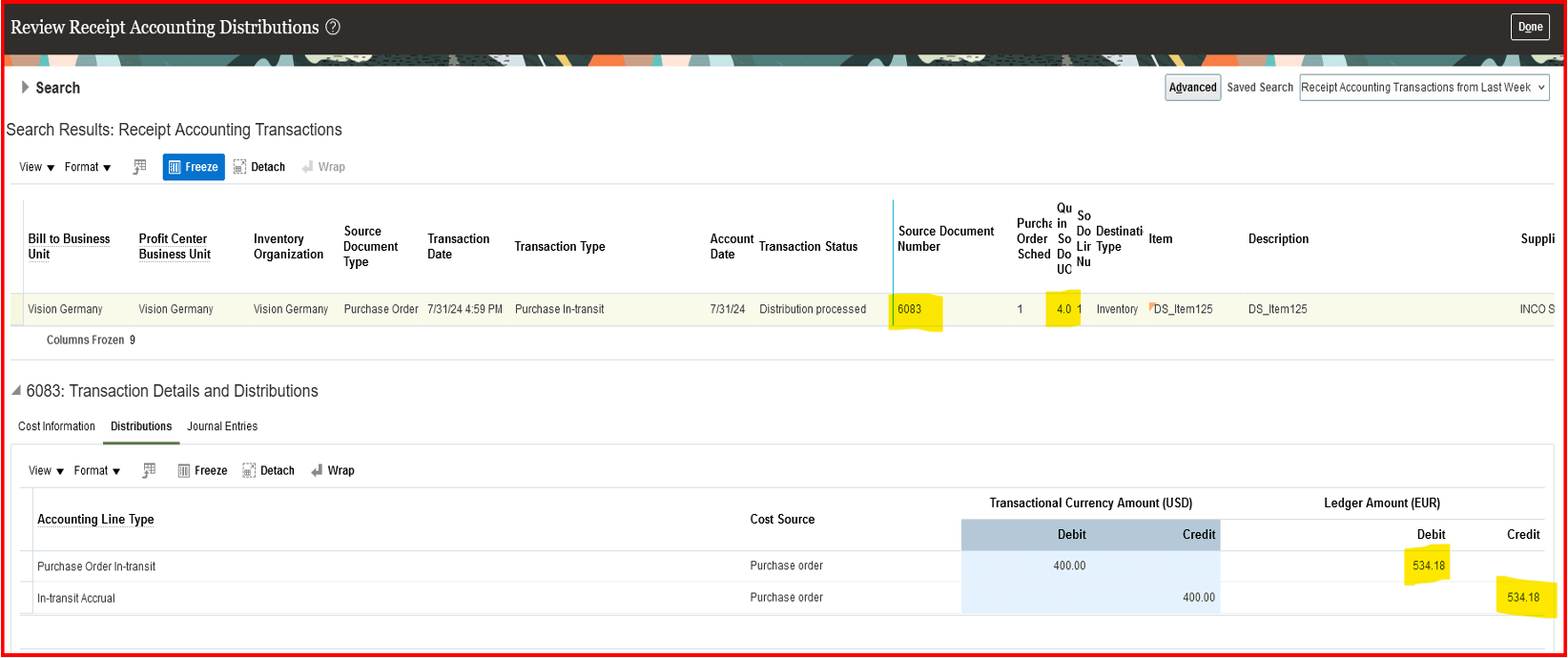 Review Receipt Accounting Distributions for In-Transit