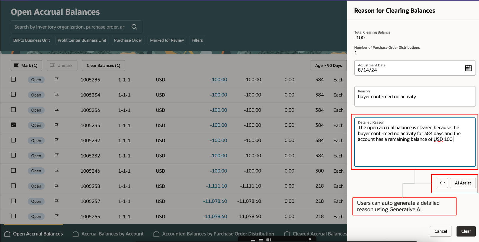 Use AI Assist to auto generate a detailed reason when clearing open accruals