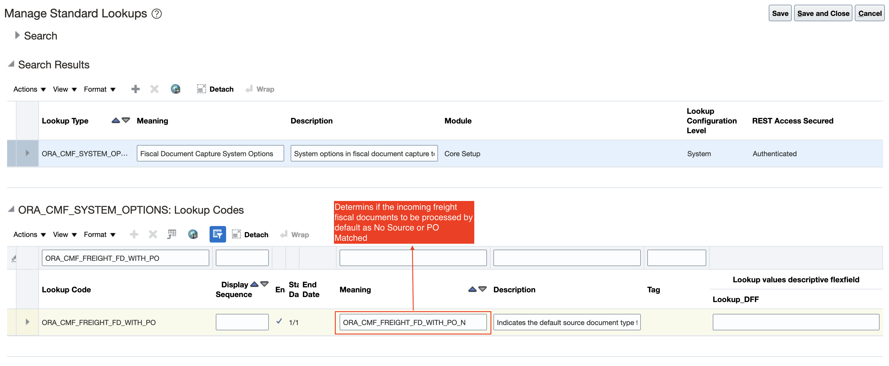 Screenshot to set the lookup value to capture freight fiscal documents with PO