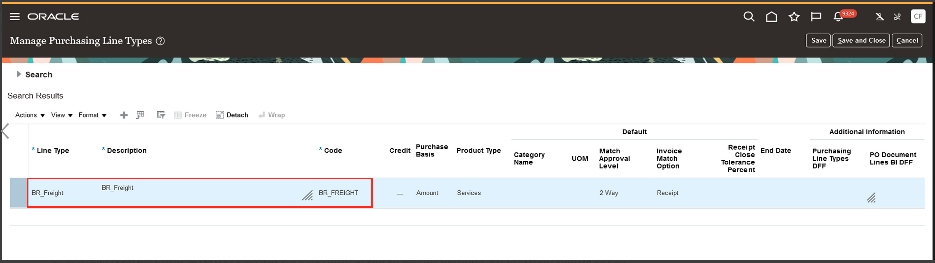 Screenshot of defining custom PO line type for auto matching purchase orders to freight fiscal documents