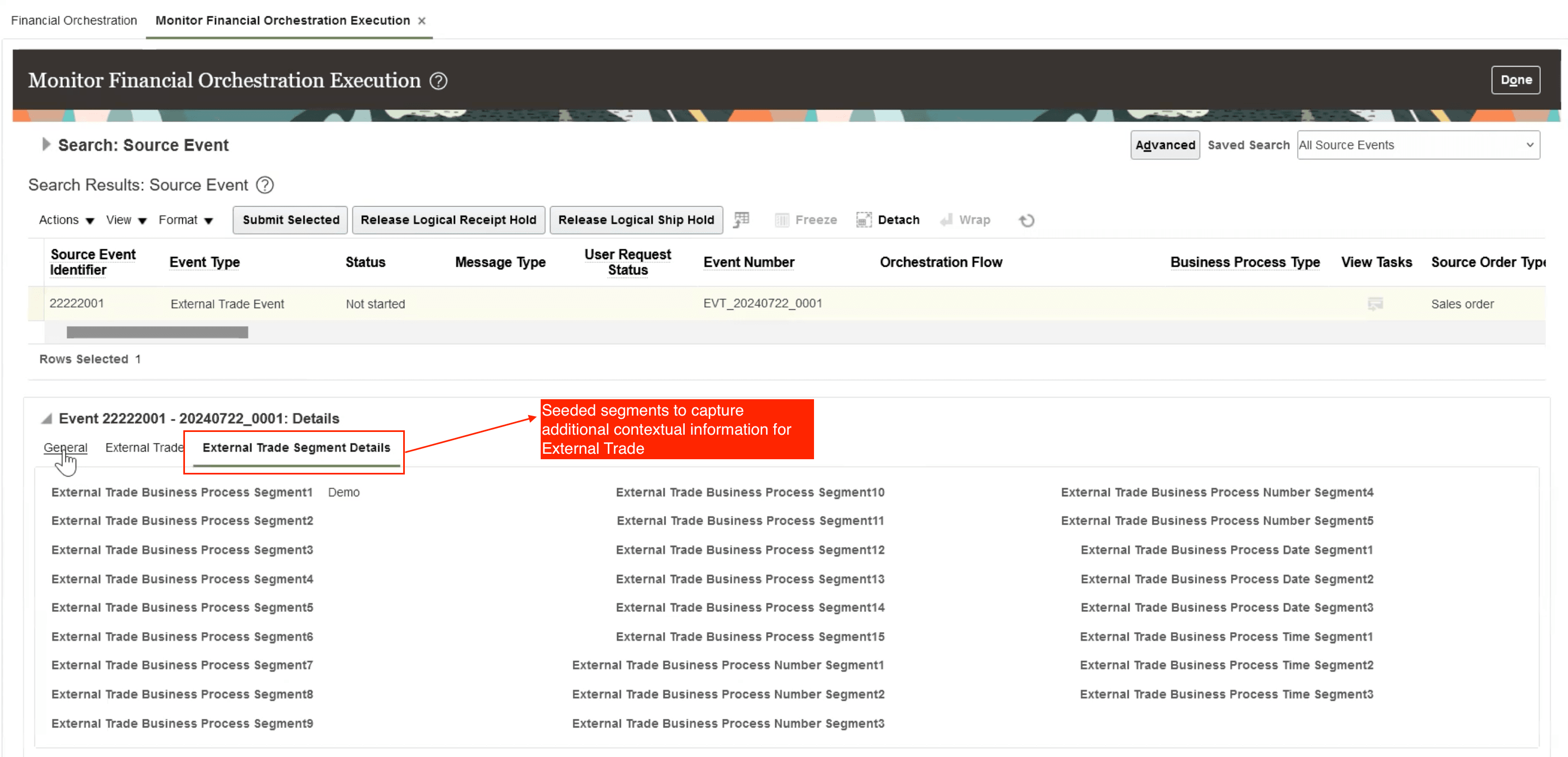Screenshot of External Trade Business Type Financial Orchestration Execution