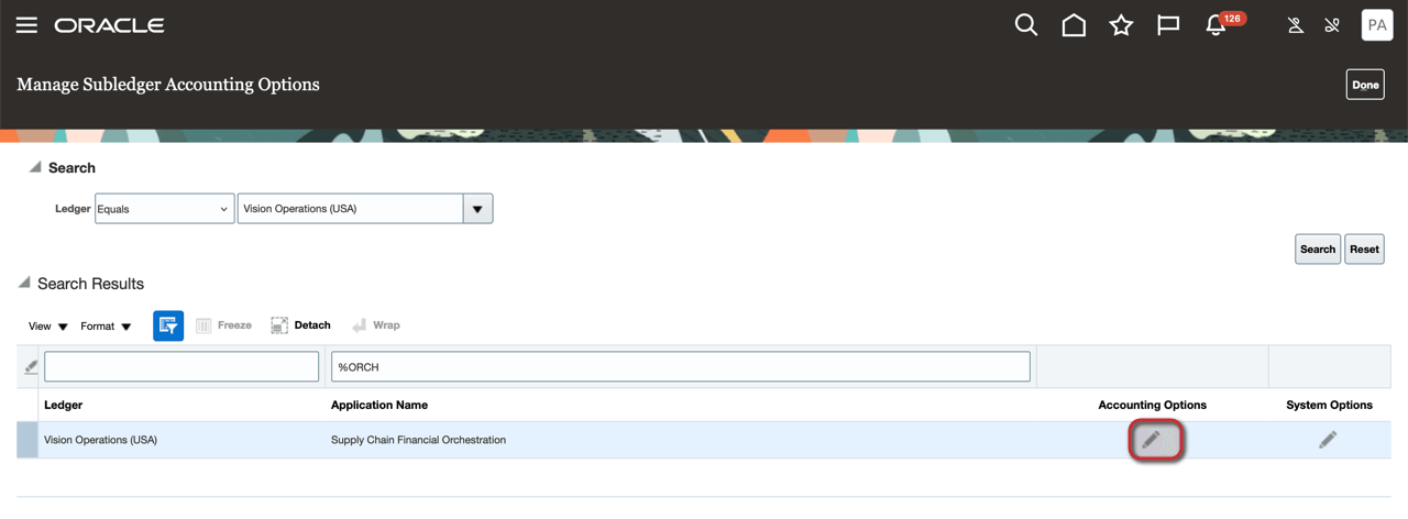 Screenshot of Subledger Accounting Options