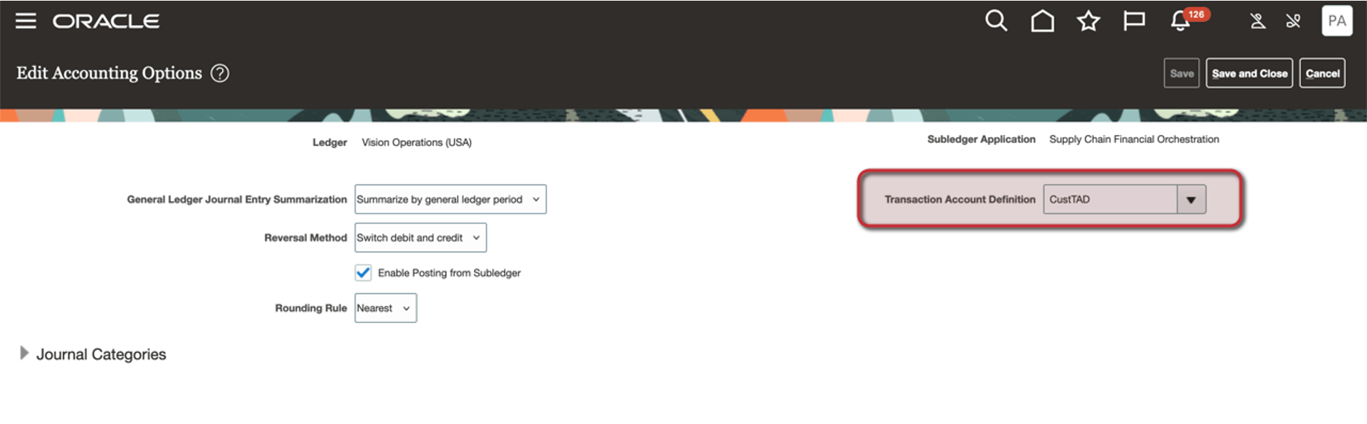 Screenshot of Accounting Options- TAD association