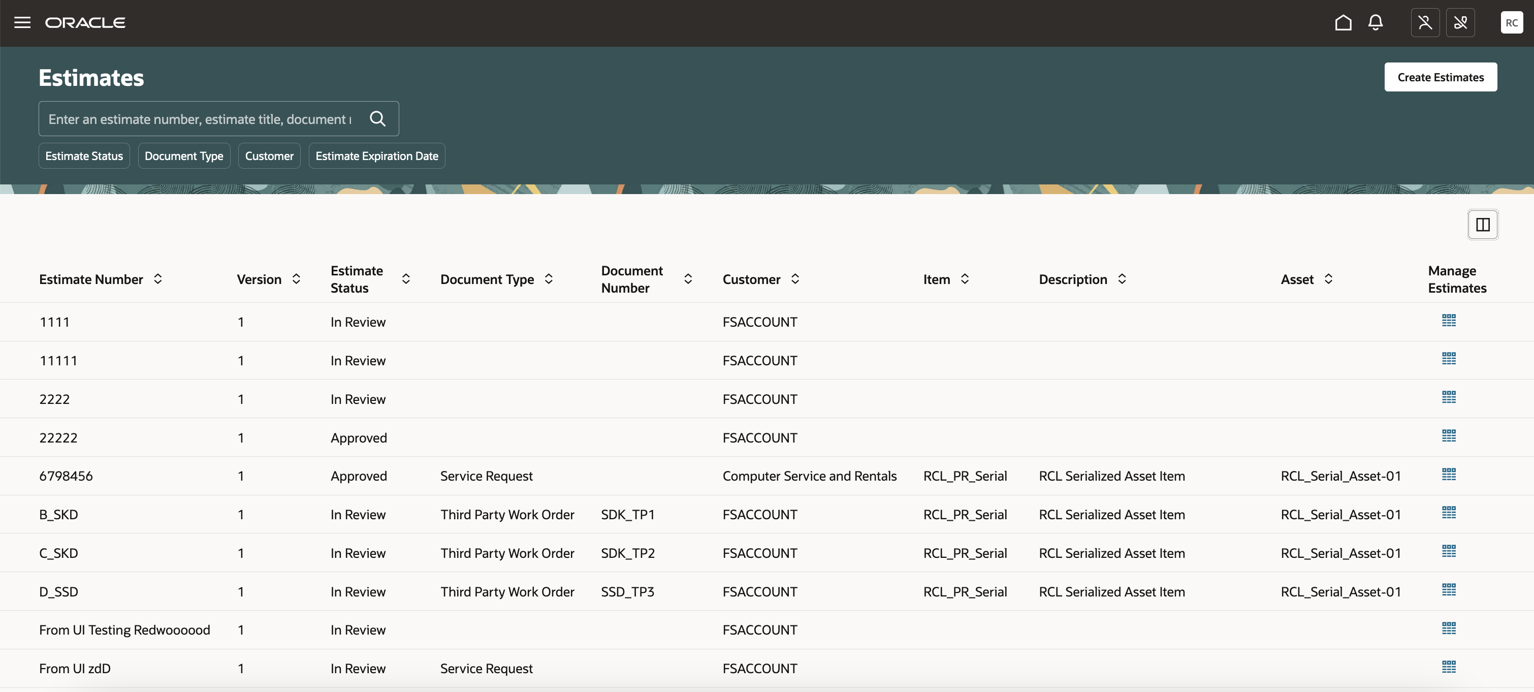 Estimate Search Page