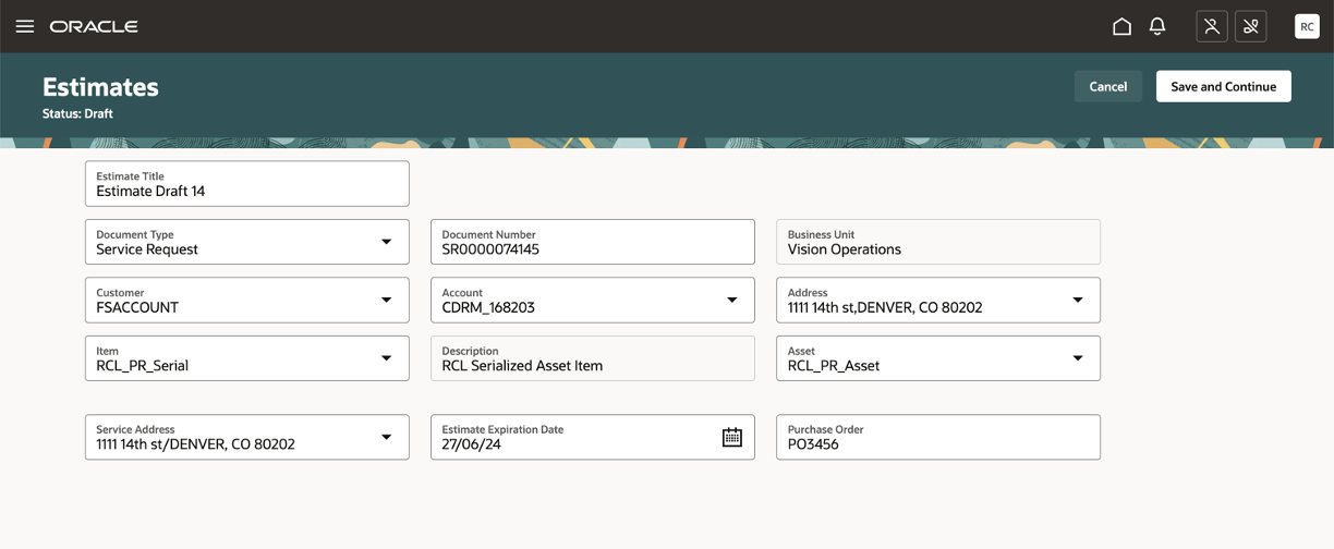 Estimate Header Page