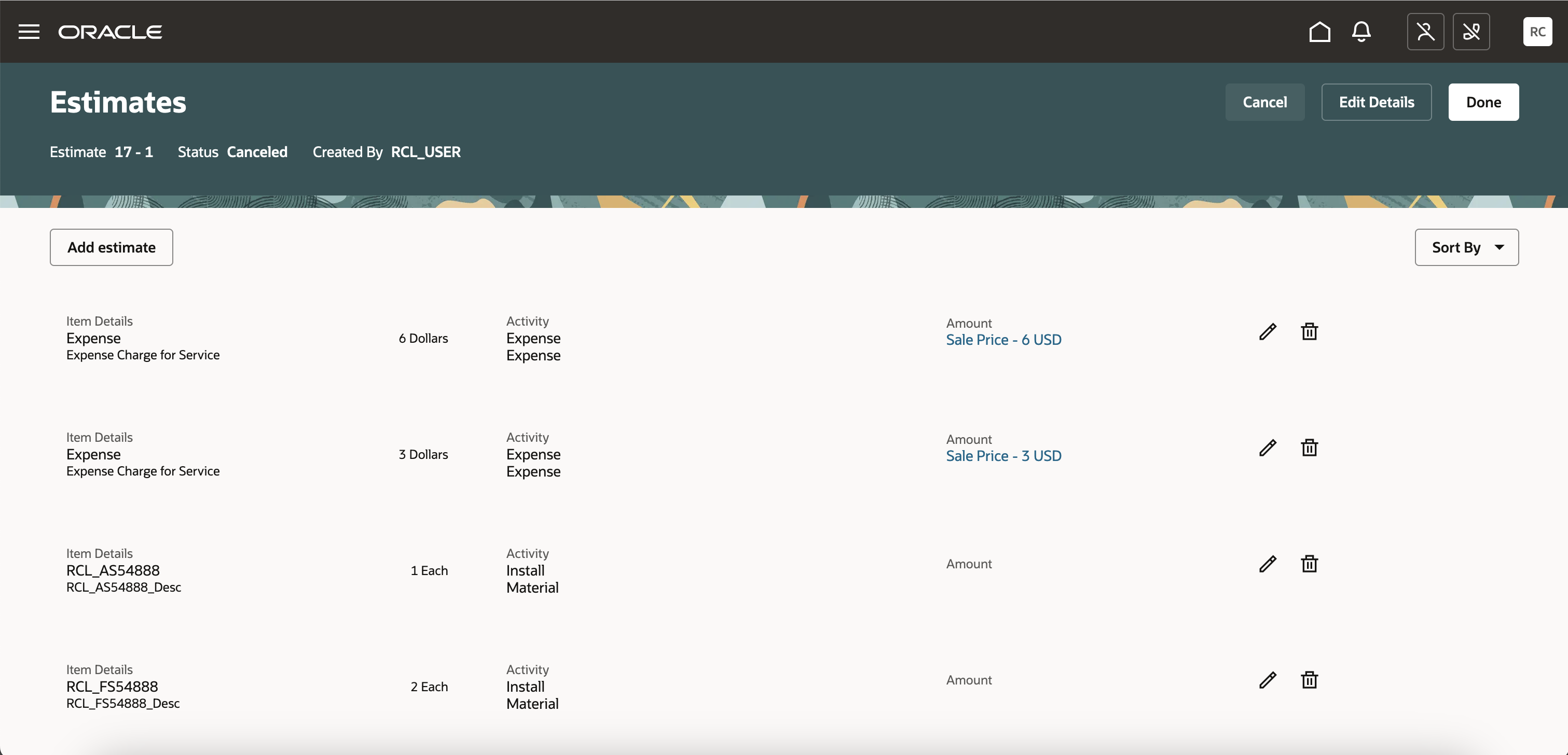 Estimates Details page