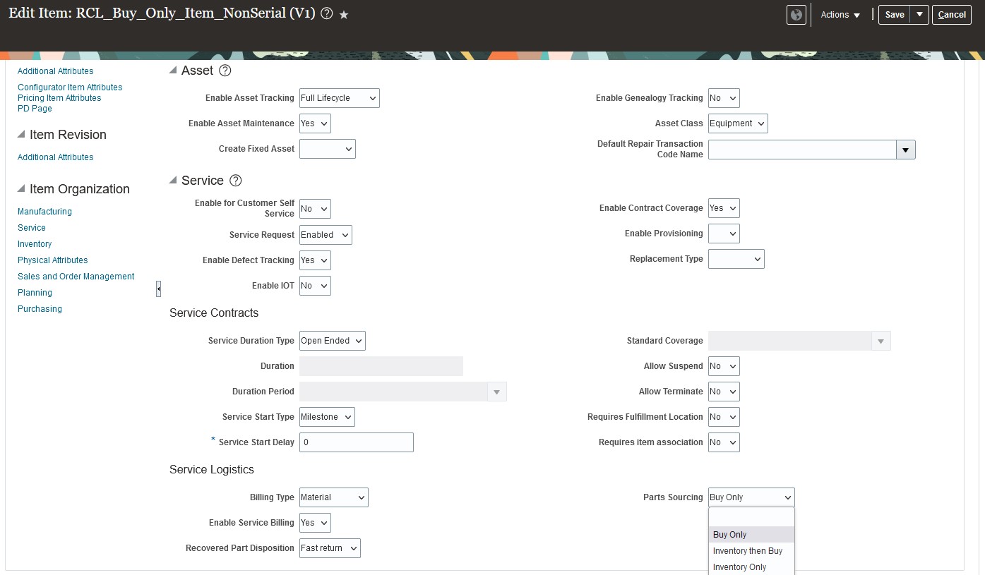 Manage Items - Parts Sourcing Policy