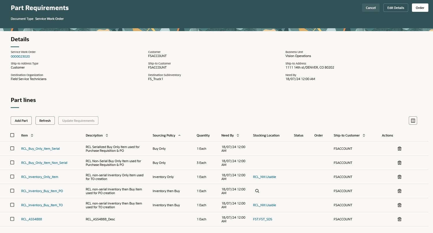 Part Requirements Page