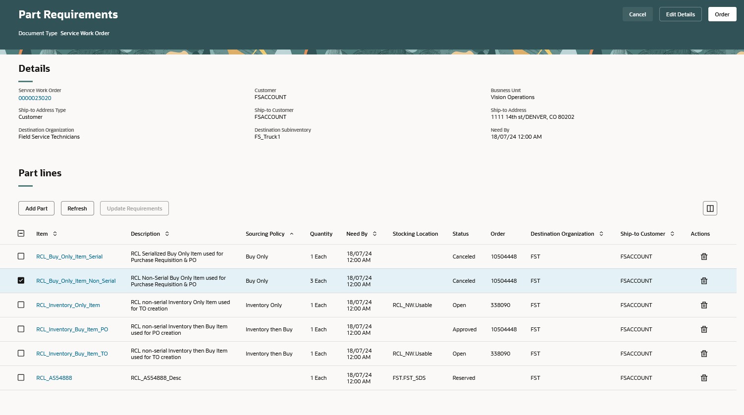 Part Requirements Page after ordering