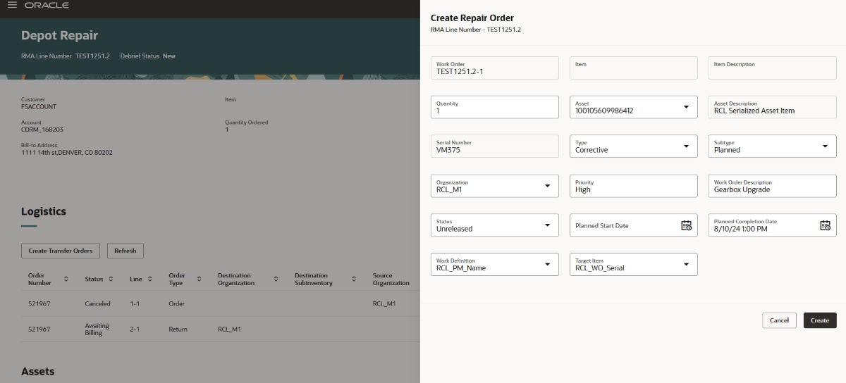 Create Depot Repair Work Order