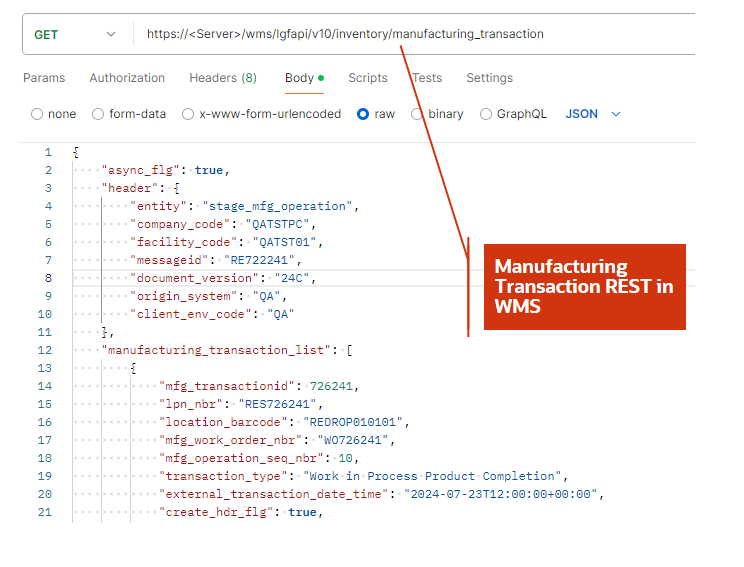 Manufacturing Transaction REST in WMS