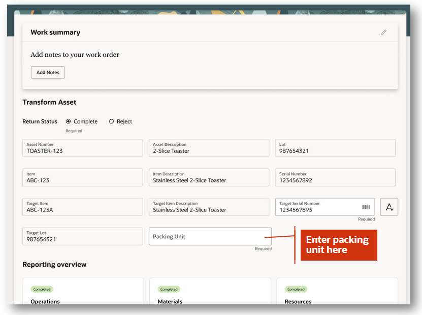 Maintenance Transform Asset page