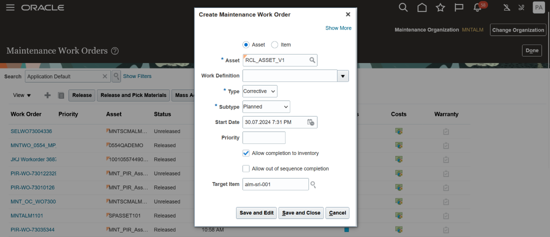 Create a Transform Work Order - Single Asset