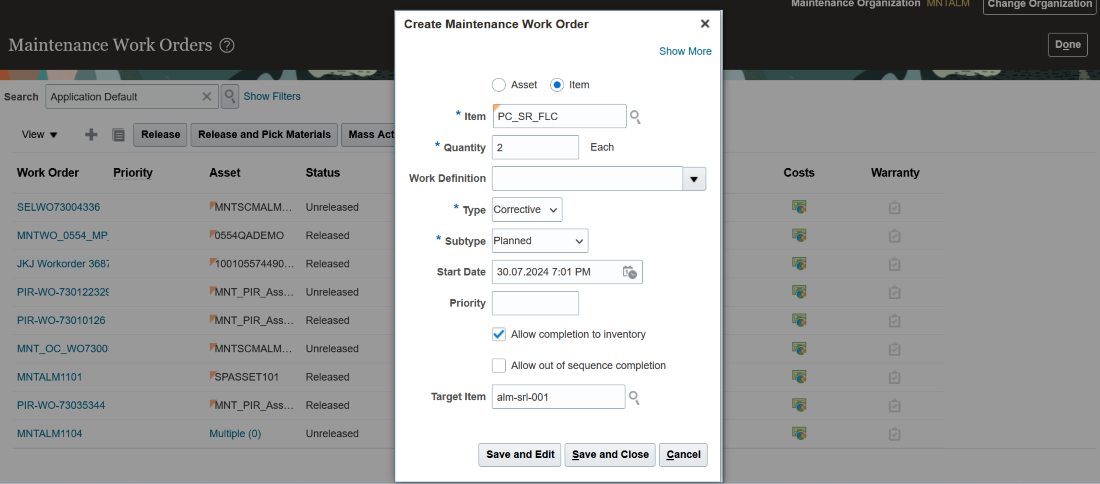 Create a Transform Work Order - Multiple Assets