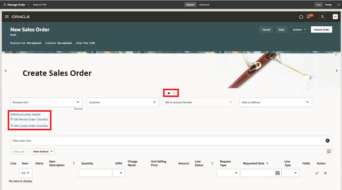 This image shows guided journey tasks at the page and section level. The page-level guided journey tasks are displayed as a train stop below the Create Sales Order guided journey header, with two dots that correspond to two tasks in the journey. The section-level guided journey tasks are below the first row of fields at the left side of the page.