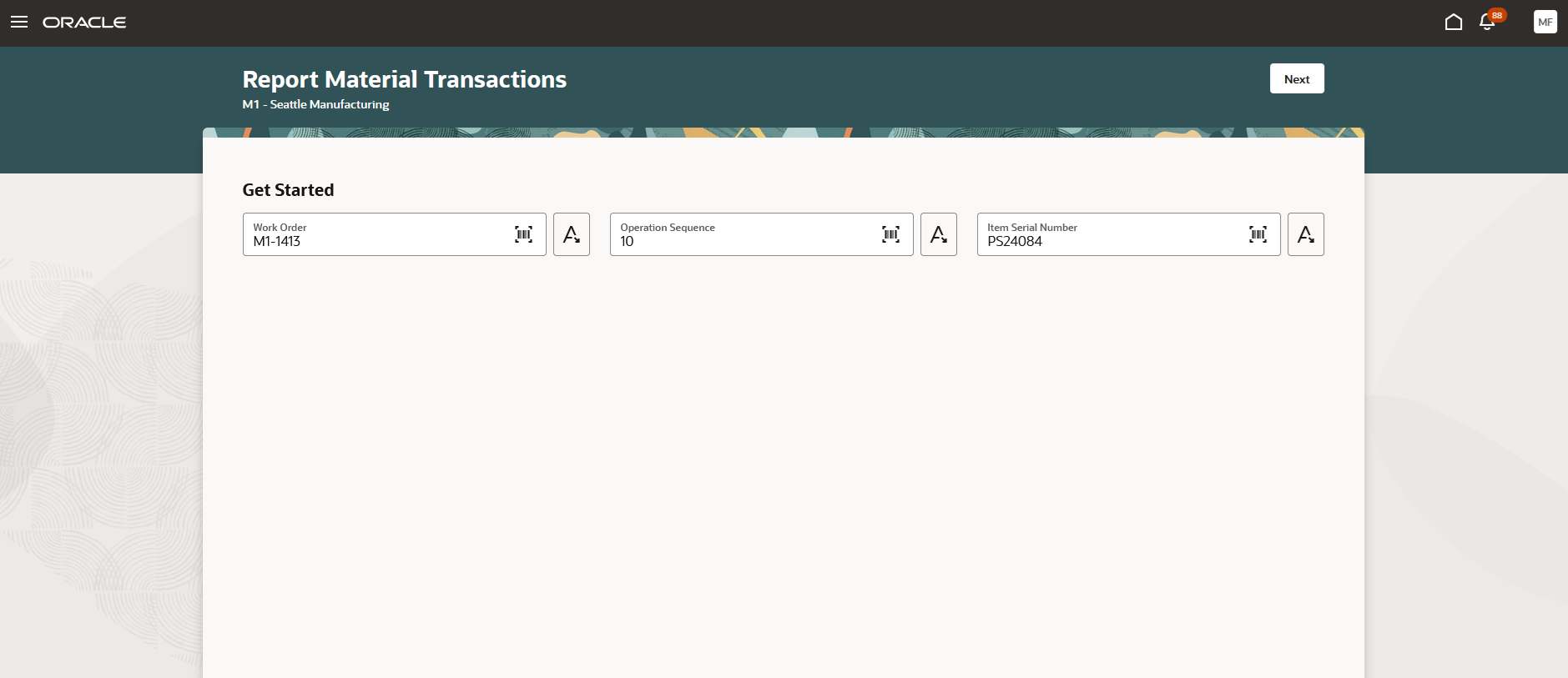 Scan or Select Work Order, Operation and Serial Number