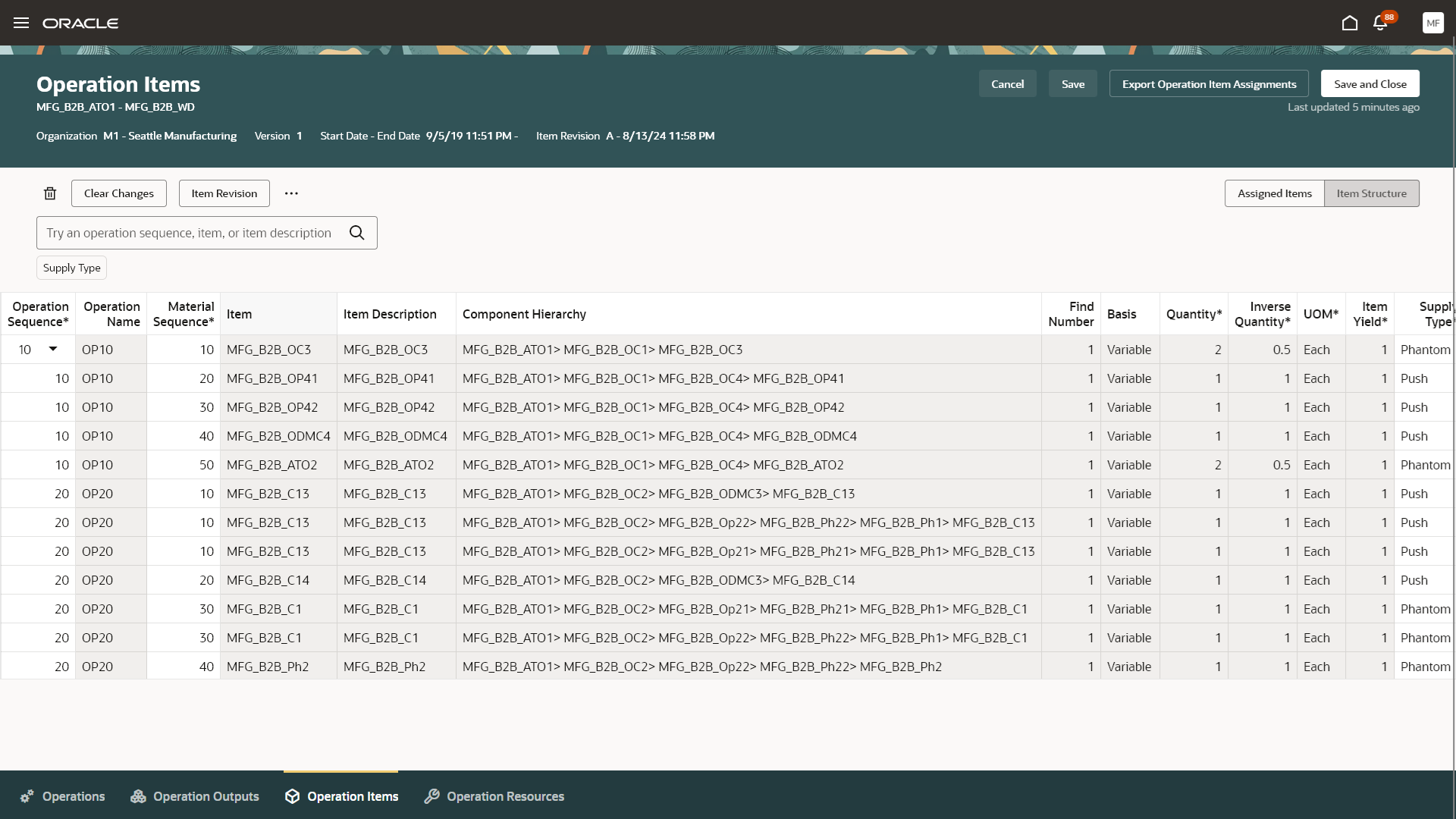 Assigned Items View in the Operation Items Page of ATO Model Work Definition