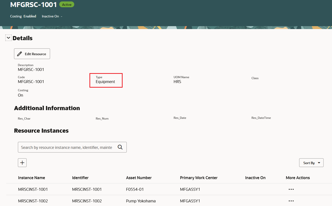 Resource Details - Equipment Type Resource Instances