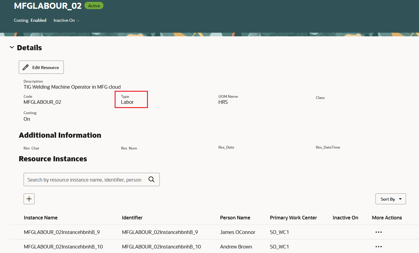 Resources Details - Labor Resource Instances
