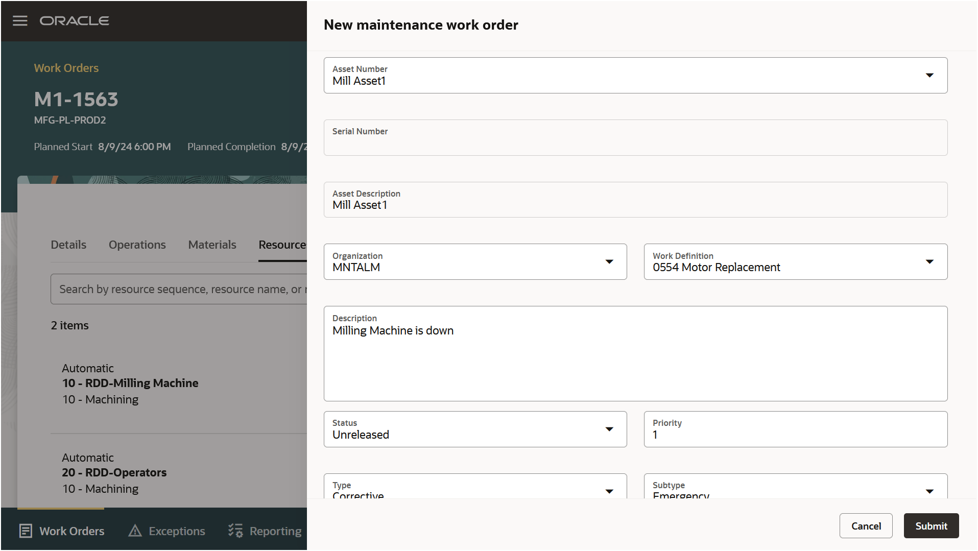 Create Maintenance Work Order action