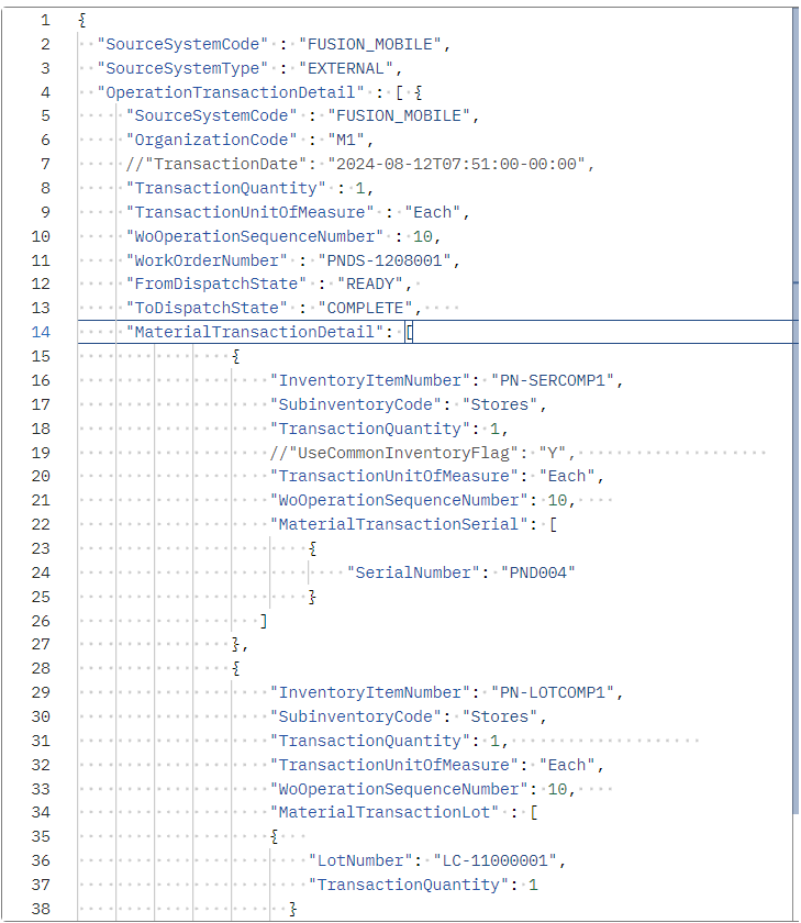 Work Order Operation Transactions REST API Sample Materials Lot and Serial Details 